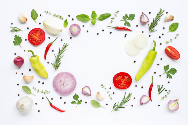 Various fresh vegetables and herbs on white background. Healthy  - Photo, Image