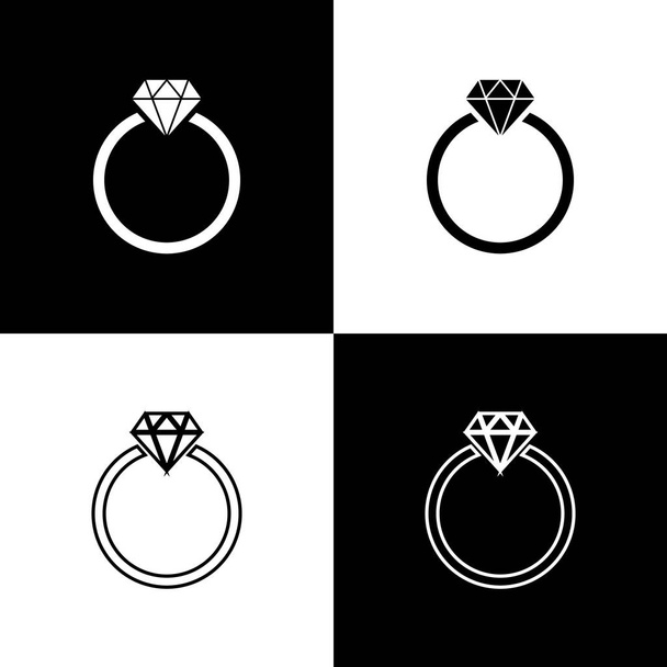 Set Icônes bague de fiançailles diamant isolé sur fond noir et blanc. Ligne, contour et icône linéaire. Illustration vectorielle
 - Vecteur, image