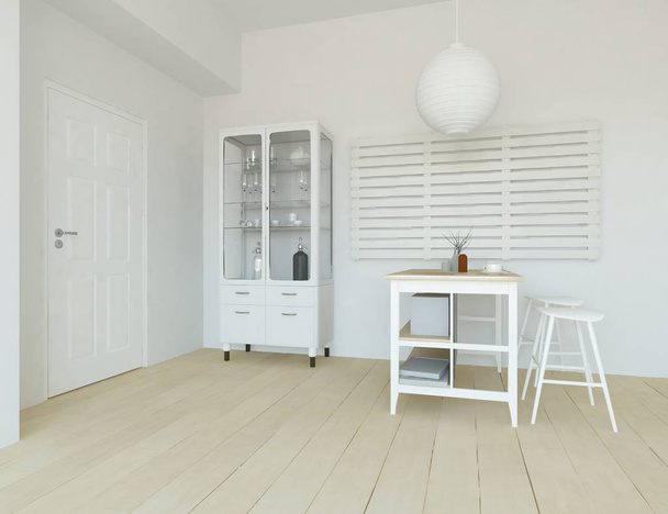 Ideia de uma sala de cozinha branca escandinava interior com mobiliário de jantar e piso de madeira e paisagem branca na janela. Casa interior nórdico. Ilustração 3D
 - Foto, Imagem