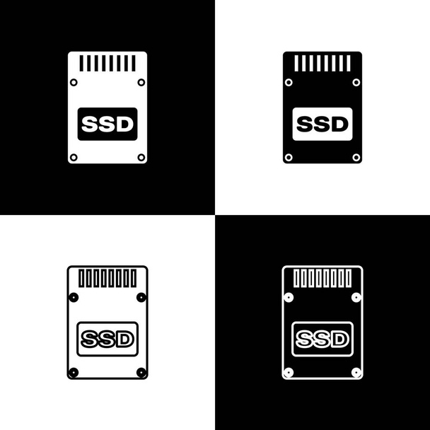 黒と白の背景に分離 Ssd カードのアイコンを設定します。ソリッドステートドライブの記号。ストレージディスクのシンボルです。線、アウトライン、リニアアイコン。ベクターイラスト - ベクター画像