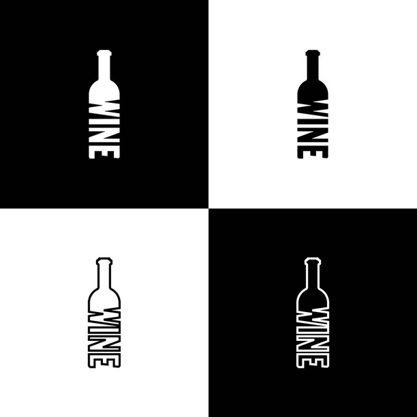 Ustaw butelkę wina ikony izolowane na czarno-białym tle. Butelka wina z napisem. Linia, kontur i ikona liniowa. Ilustracja wektorowa - Wektor, obraz