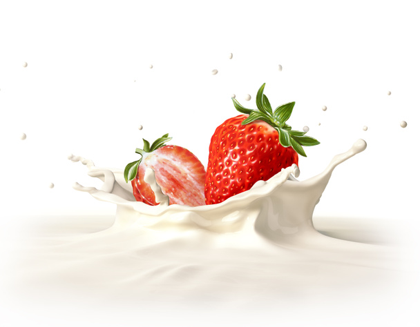 Two strawberries falling into milk splashing. - Photo, Image