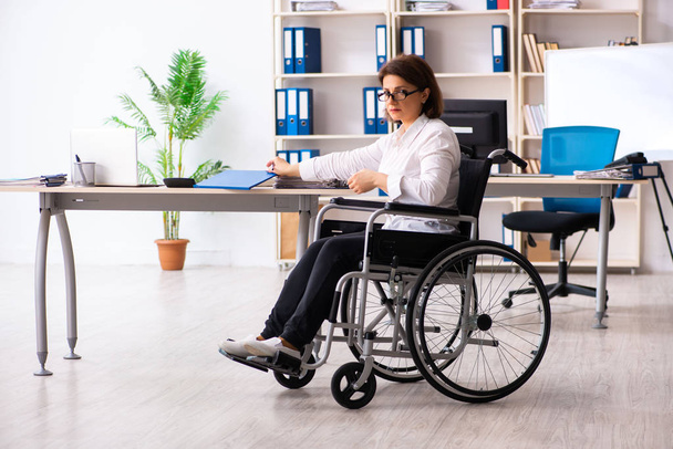 オフィスの車椅子の女性従業員   - 写真・画像