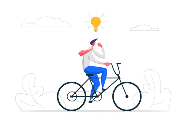 Kreative Lösungen Geschäftskonzept mit Geschäftsmann-Charakter auf einem Fahrrad bekommen Idee als Glühbirne. Symbol für Out-of-the-Box-Denken, Brainstorming, neue Idee, Innovation, Erfolg. Vektor Cartoon Illustration - Vektor, Bild