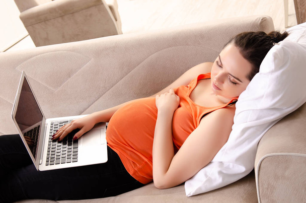 Молода вагітна жінка працює вдома
  - Фото, зображення