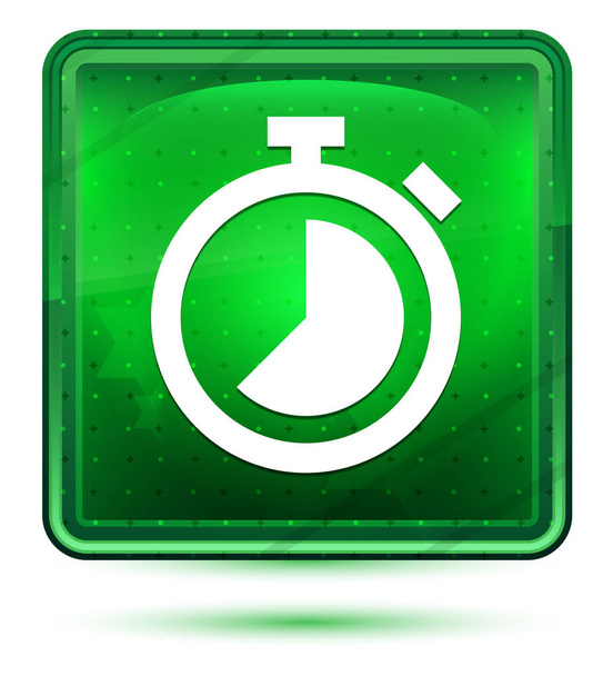 Stopwatch pictogram neon licht groene vierkante knop - Foto, afbeelding