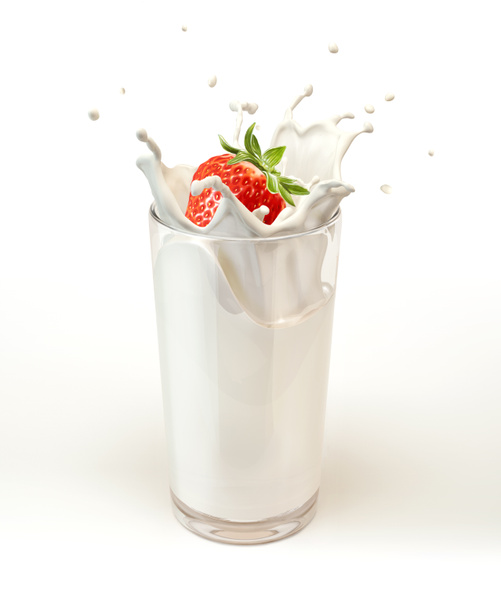 Strawberry falling into a glass of milk creating a splash. - Photo, Image