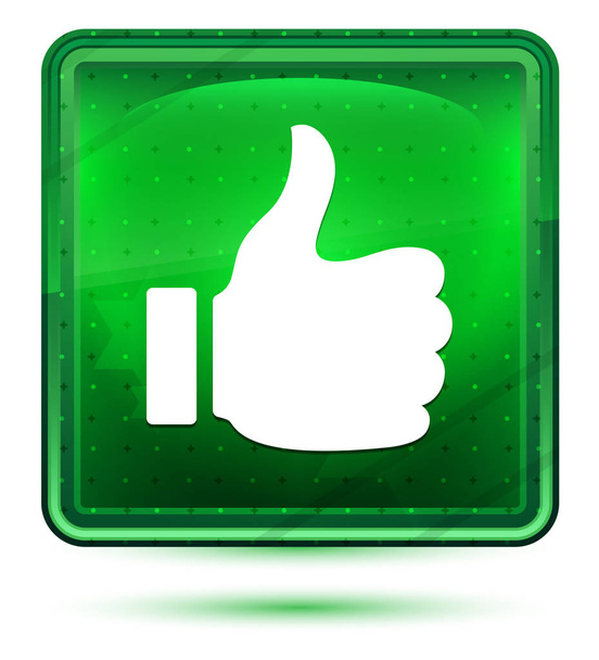 Thumbs up like icon neon light green square button - Photo, Image
