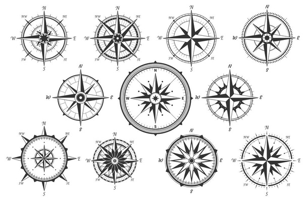 Wind stieg auf. Kartenanweisungen Jahrgangskompass. alte Meereswindmessung Vektor-Symbole isoliert - Vektor, Bild