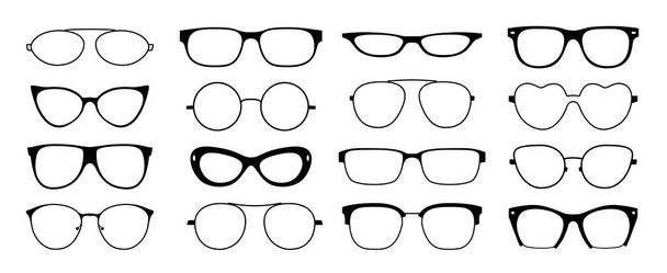 Glazen frames silhouet. Hipster Geek zonnebril, optometrist zwarte kunststof velgen, oude mode stijl. Vector geïsoleerde bril frames - Vector, afbeelding