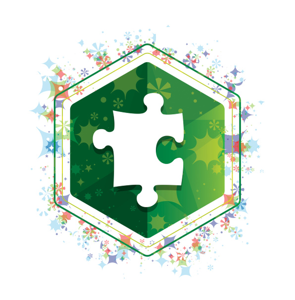 Puzzle ikon virágos növények minta zöld Hexagon gomb - Fotó, kép