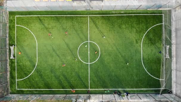Grupa dzieci grających w piłkę nożną na nowym polu ze sztuczną trawą - Materiał filmowy, wideo