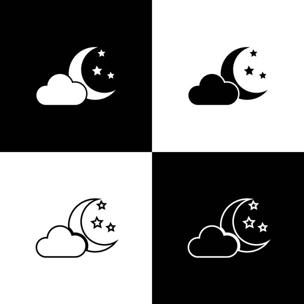 Nastavit mrak s ikonami měsíce a hvězd izolované na černém a bílém pozadí. Zamračené noční znamení. Spánek, symbol snů. Čas v noci nebo v posteli. Ikona spojnicového, obrysového a lineárního. Vektorová ilustrace - Vektor, obrázek