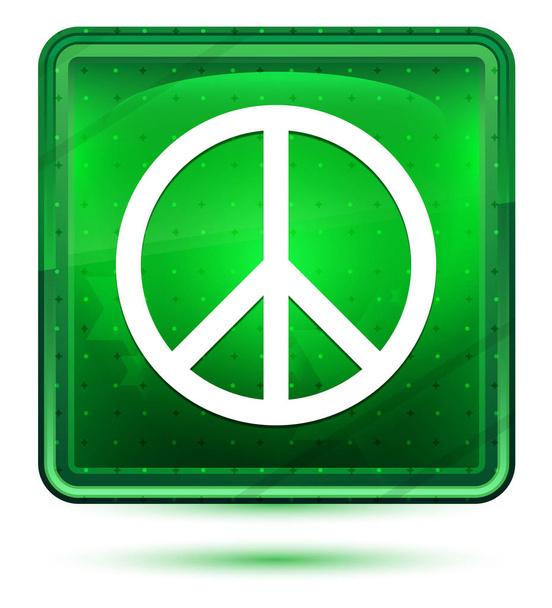 Ícone de sinal de paz néon luz verde botão quadrado
 - Foto, Imagem