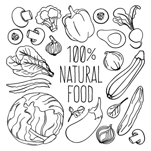 VEGETABLES MONOCHROME Vegetarian Diet Proper Nutrition Vector Illustration Set for Print Fabric and Decoration - Vector, Image
