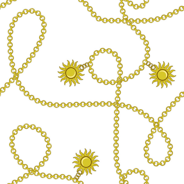 elegante trendige moderne Vektor nahtlose Muster mit schönen Mode goldenen Ketten und Sonne auf weißem Hintergrund. für Textilien, Backround, Poster, Clotches und Accessoires. - Vektor, Bild