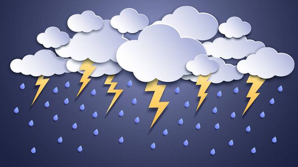 Summer thunderstorms. Storm clouds, thunderstorm lightning and rainy weather. Thunder and lightnings craft paper vector illustration - Vector, Imagen
