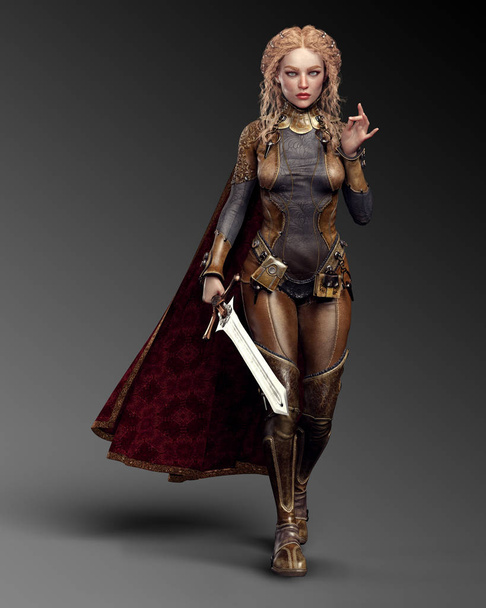 Fantasy Knight Mage in Leather Armor and Cloak, Sword and Long Blonde Hair - Photo, Image