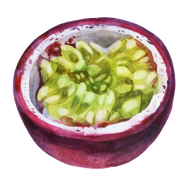 Watercolor illustration. Passion fruit. Fruit of passion fruit, half of passion fruit, cut off part of passion fruit. - Foto, immagini