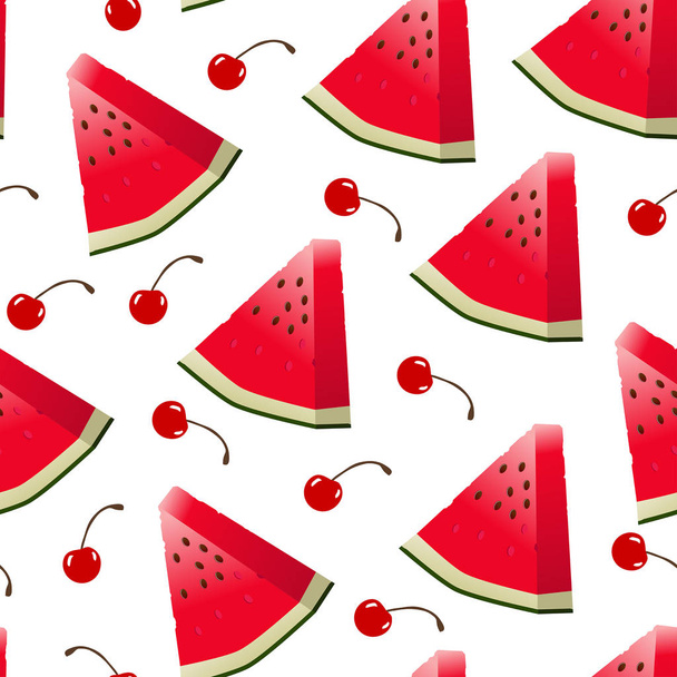 Seamless summer pattern with watermelons and cherries on white background - Vector, imagen