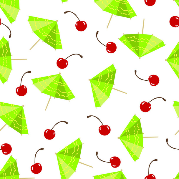 Seamless summer pattern with cherries and green umbrellas on white background - Vector, imagen