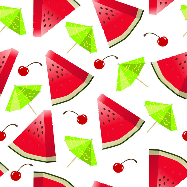 Seamless summer pattern with watermelons and green umbrellas on white background - Vetor, Imagem