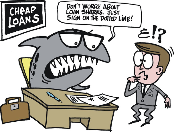 Vector cartoon of loan shark sitting at desk in office - Vector, Image