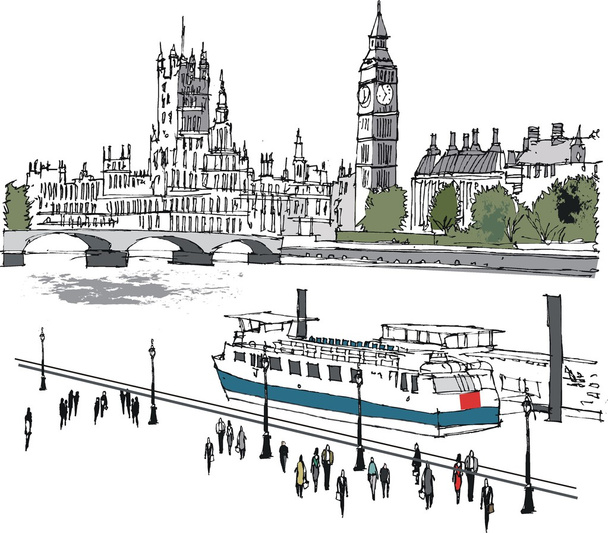 Векторная иллюстрация зданий на Темзе и Вестминстере
 - Вектор,изображение