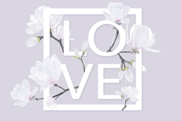 Magnolia flowers and love lettering - Foto, afbeelding