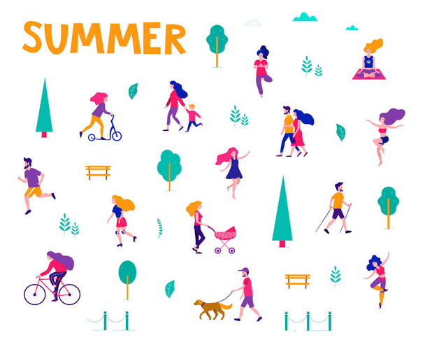 Diferentes actividades de personas en la ciudad de verano. Gente en el parque. Ilustración plana del vector
. - Vector, imagen
