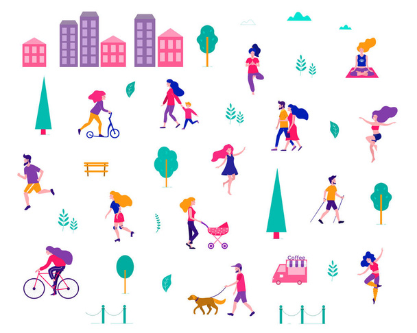 Different activities of people in the summer city. People in the park. Vector flat illustration. - Vector, Image