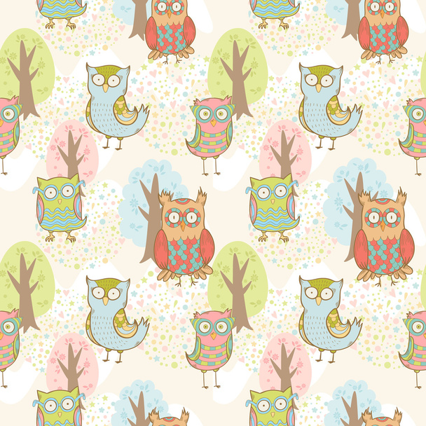 Cute cartoon owls fantasy coloful pattern - Вектор,изображение