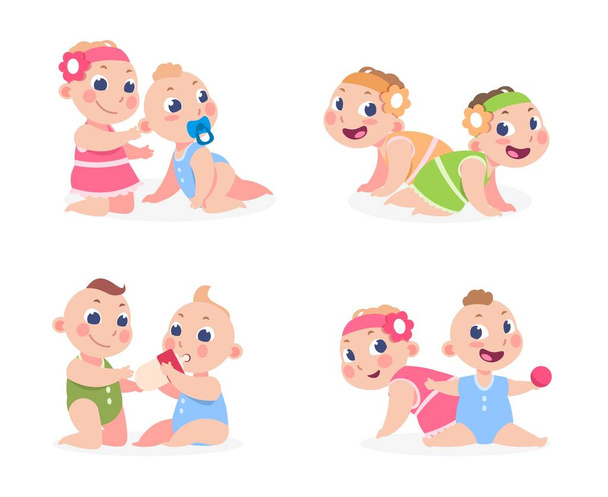 Cartoon babies. Funny newborn boy and girl sitting together, cute twins sister and brother. Vector happy children template - Vector, Image