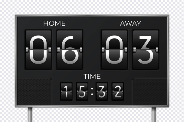 Черный ретро табло. Часы отсчета футбольного матча, результат гола, электронное время. Векторная оценка и время
 - Вектор,изображение