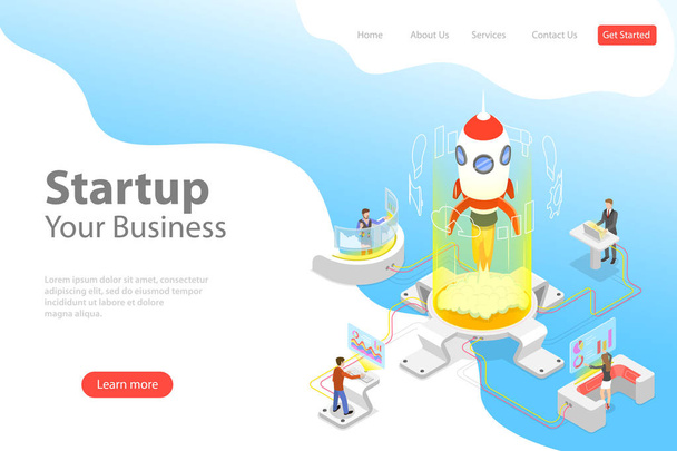 Flat isometric vector landing page template of new business startup. - Vector, Image