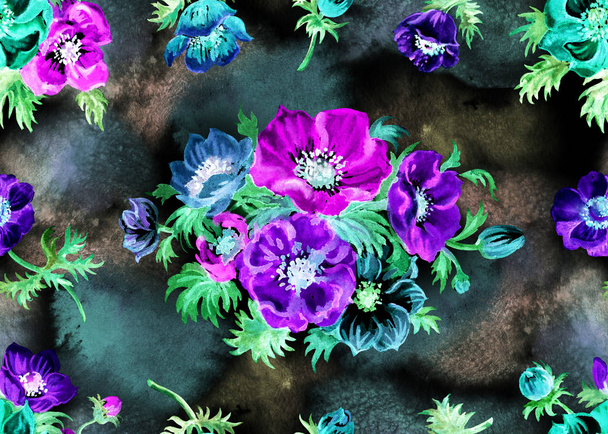 Anemone flowers seamless pattern, watercolor illustration on black background. Floral spring print for fabric and other designs. - Foto, immagini