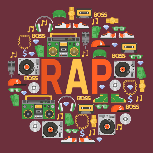 Rap modello musicale vettoriale dj suonare disco su giradischi illustrazione del suono sfondo del tappo rap disco cuffie lettore di dischi in sottofondo discoteca
 - Vettoriali, immagini