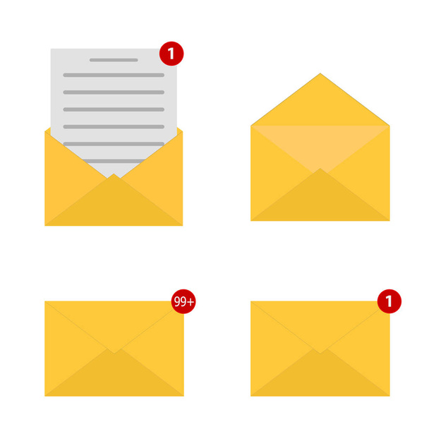Zestaw ikon poczty. Podpis koperty. Jedna przychodząca wiadomość. Nowe powiadomienie e-mail. Otwórz i przeczytaj wiadomość. Ilustracja wektora - Wektor, obraz