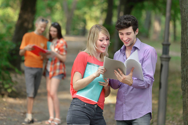 δυο μαθητές με ένα πρόχειρο συζητώντας θέματα εξετάσεων που στέκεται στο πάρκο - Φωτογραφία, εικόνα