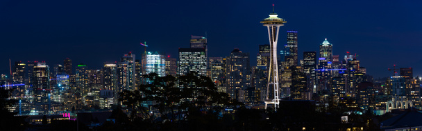 Panoramische nacht uitzicht op de skyline van Seattle met de ruimte naald en andere iconische gebouwen op de achtergrond. - Foto, afbeelding
