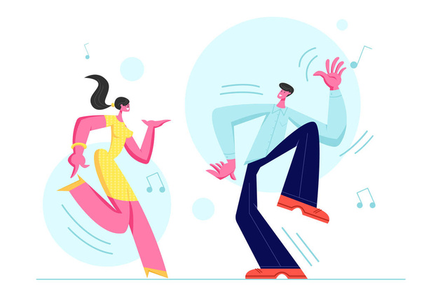 若いカップルの男と女が一緒に踊る。祭りの服の人々余暇、アクティブライフスタイル、恋人や友人はディスコパーティー、ダンスホビーレジャーに時間を過ごす。漫画フラットベクトルイラスト - ベクター画像