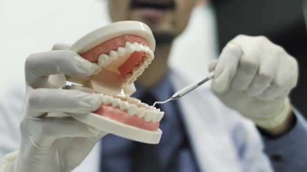 Zahnarzt zeigt der Kamera, wie man ein Werkzeug bedient. Zahnarzt zeigt Kiefermodell, erteilt Unterricht über richtige Zähne und Mundhöhlenpflege. - Filmmaterial, Video