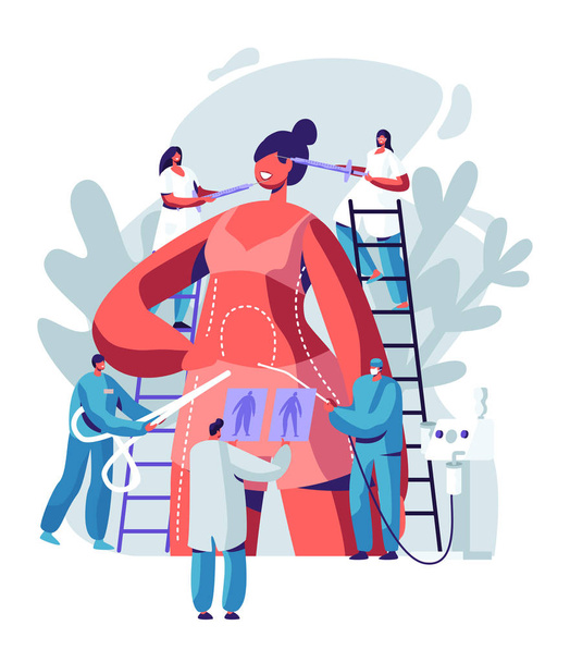 Woman Preparing for Plastic Surgery. Doctor Characters Drawing Lines on Body and Put Injections in Face, Liposuction and Cosmetics Procedure. Beauty Medicine Industry. Cartoon Flat Vector Illustration - Vector, Image