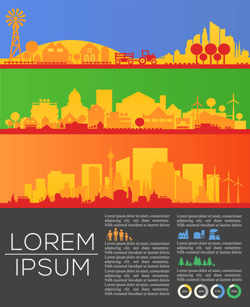 Abstract stylish cityscape infographics. Infographics elements collection with town, city, farm and industrial districts, with infographics elements and industry icons - Vektör, Görsel