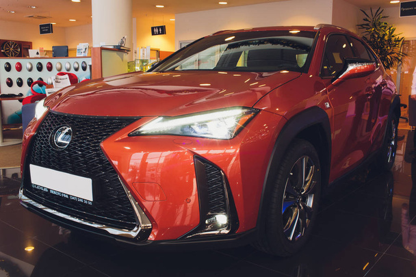 Ufa, Russia, lexus Shop, 23 January, 2019: Side view of White Lexus UX Compact Crossover. - Photo, image
