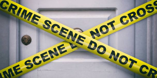 Escena del crimen. Advertencia cinta amarilla, texto no cruzar, difuminado fondo de la puerta de entrada. ilustración 3d
 - Foto, imagen