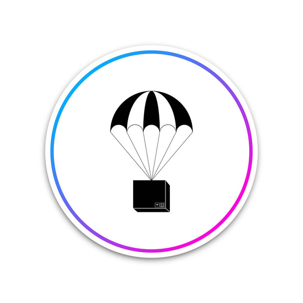 Box vliegen op parachute icoon geïsoleerd op witte achtergrond. Pakket met parachute voor de scheepvaart. Delivery Service, Air Shipping concept, bonus concept. Cirkel witte knop. Vector illustratie - Vector, afbeelding