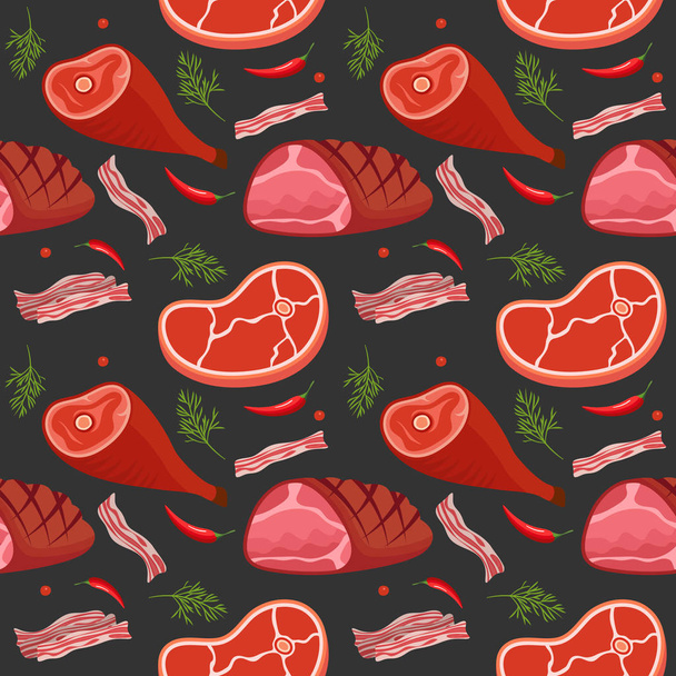 Seamless pattern on dark background with gammon, ham, bacon, steak on the bone, hot pepper and dill. Meat products background. Vector illustration. - Vector, Image
