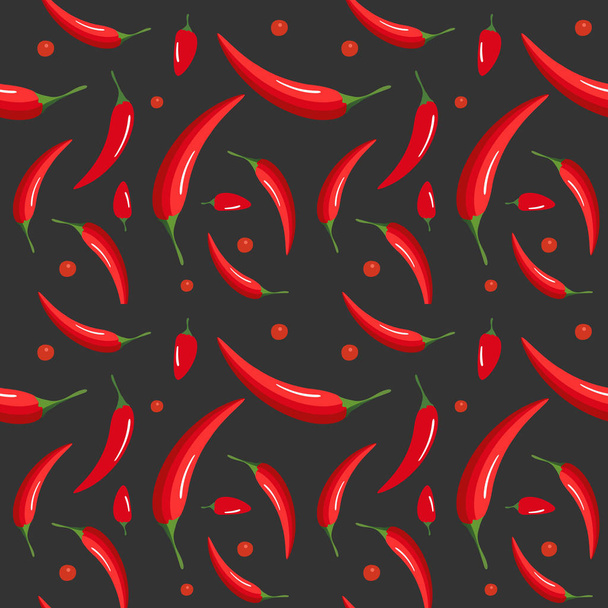 Naadloos patroon op donkere achtergrond met Chili pepers. Jamaicaanse, Thaise, Cayenne peper. Hete Spice. Vector illustratie. - Vector, afbeelding