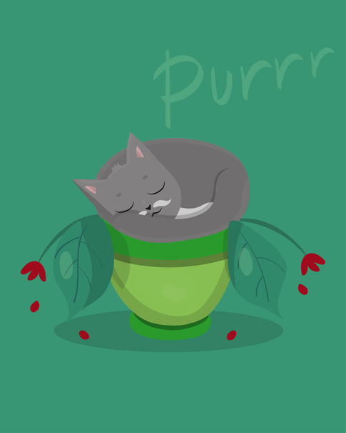 cartolina con gatto sveglio. L'animale domestico dorme in un vasino. Immagine cartone animato. Illustrazione vettoriale
. - Vettoriali, immagini